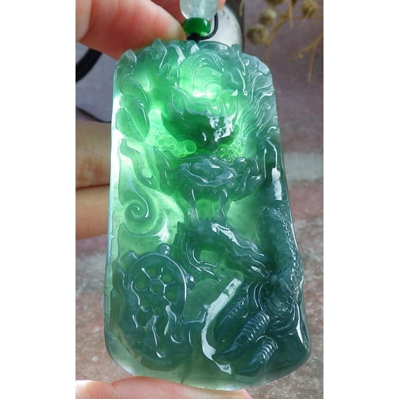 Icy Green Natural A Jade jadeite Pendant Dragon Necklace 680756 TN