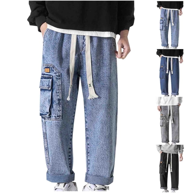 Styesk Men's Pants Man Leisure Straight Pants Draw Rope Lace Up Elasticity Work Clothes Cowboy Trousers