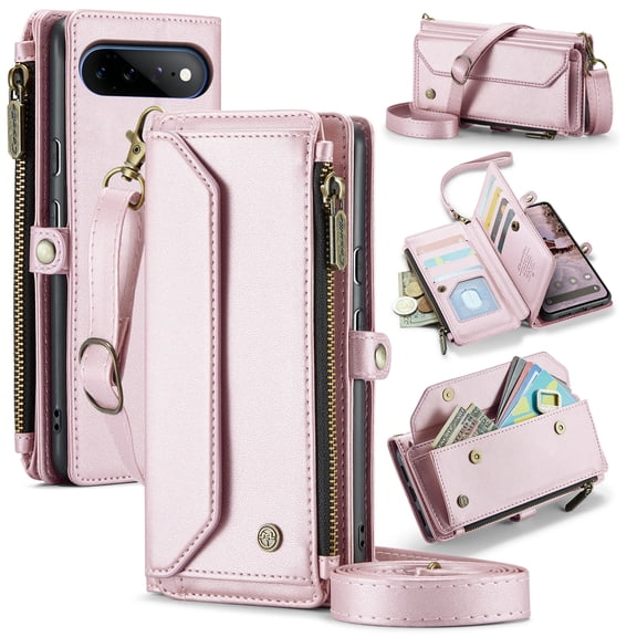 For Google Pixel 11 Pro XL Case Crossbody Wallet PU Leather Magnetic Flip Folio Wristlet Shoulder Strap 3-in-1 Crossbody Phone Case with Card Slots Zipper Pocket for Women Men,Pink