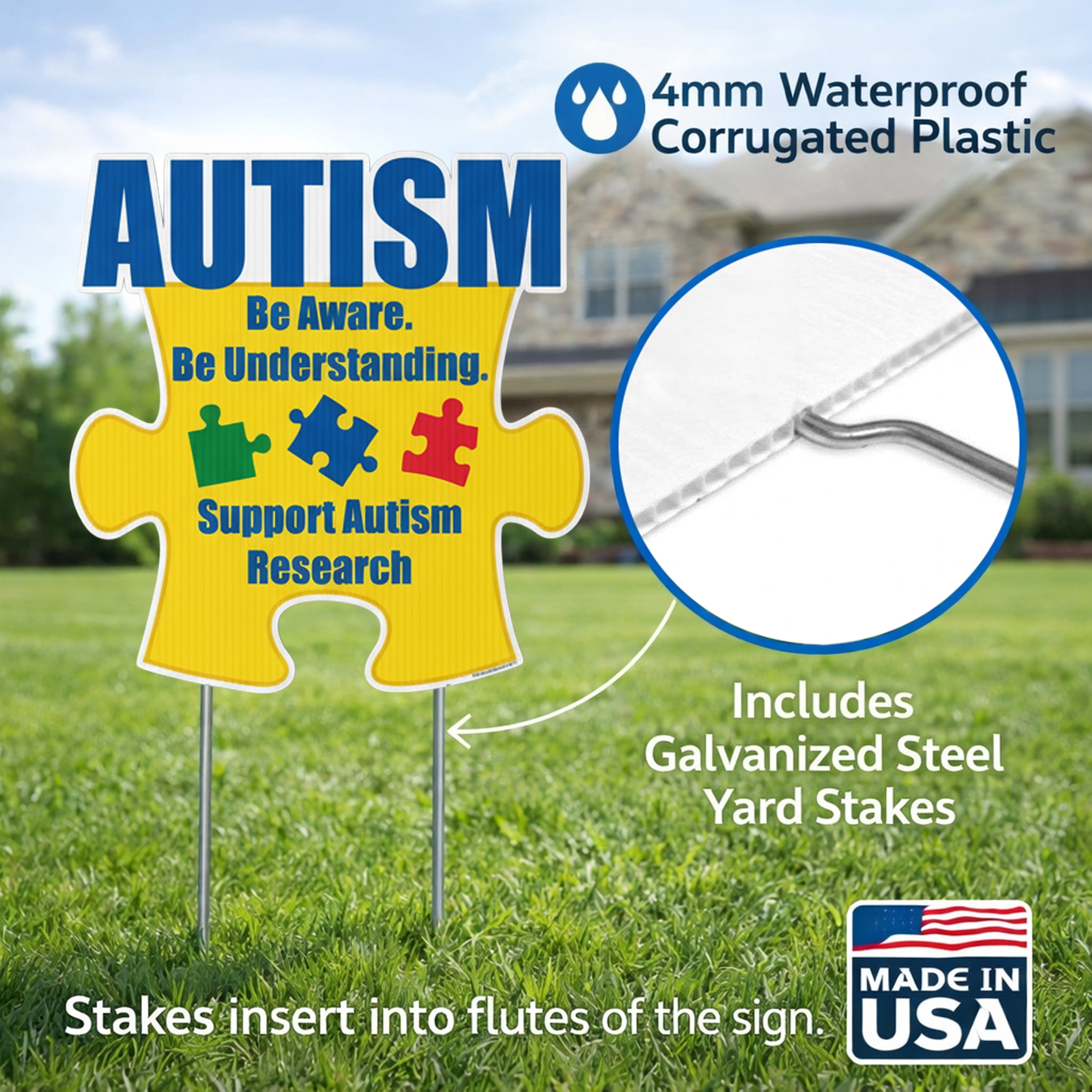 Autism Awareness Puzzle Piece Yard Sign, 21" x 21.5" Outdoor Lawn Decoration with Stakes, Weatherproof Corrugated Plastic, “Be Aware Be Understanding” Support Sign