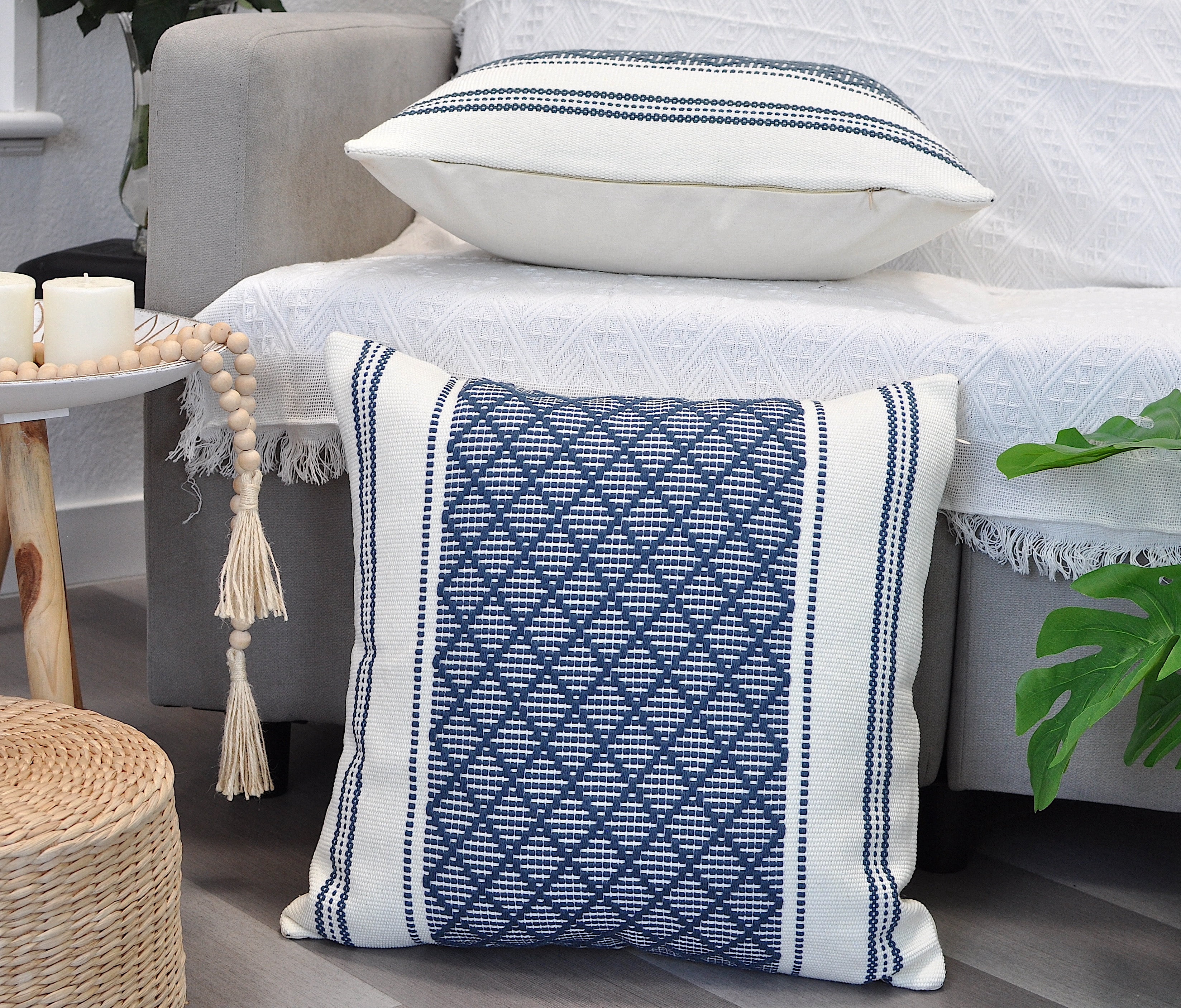 Cotton Woven Designer Throw Pillow Covers, Navy Blue and Cream White, 18 x 18 inches | Square Cushion Covers with Geometric Design Set of 2