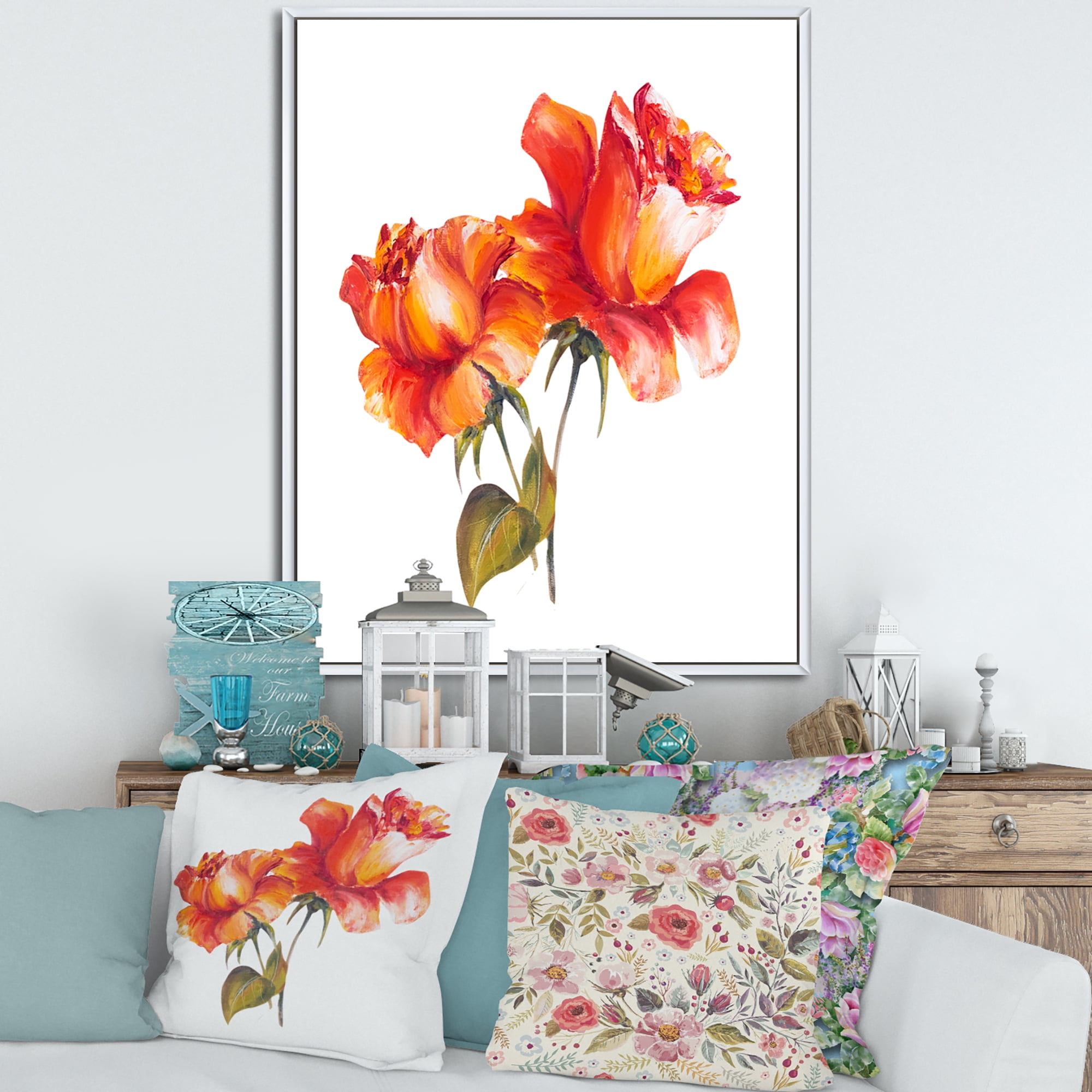 Designart 'Two Blossoming Red Roses On White' Traditional Framed Canvas Wall Art Print