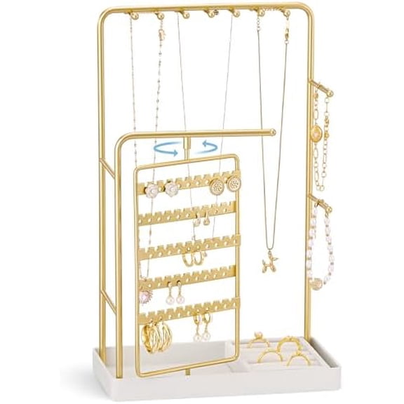 Jewelry Stand Holder Organizer, Jewelry Display Storage with Ring Tray, Rotating Earring Bracelet Necklace Holder, Valentine's Gifts Room Dorm Decor for Teen Girls -Gold (No-Assembly)