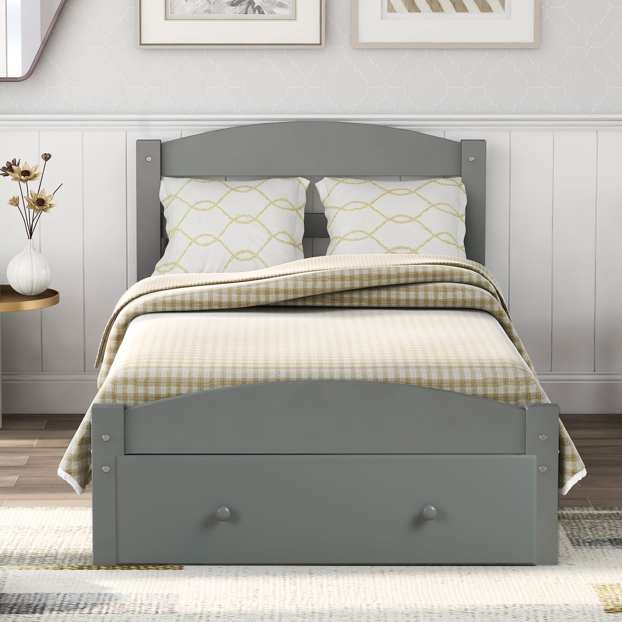 Grey Wood Bed Frame with Pine Finish Headboard & Footboard in Range of Sizes Double