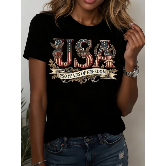 Women's USA 250 Years of Freedom Patriotic Graphic T-Shirt American Flag Eagle Short Sleeve Tee