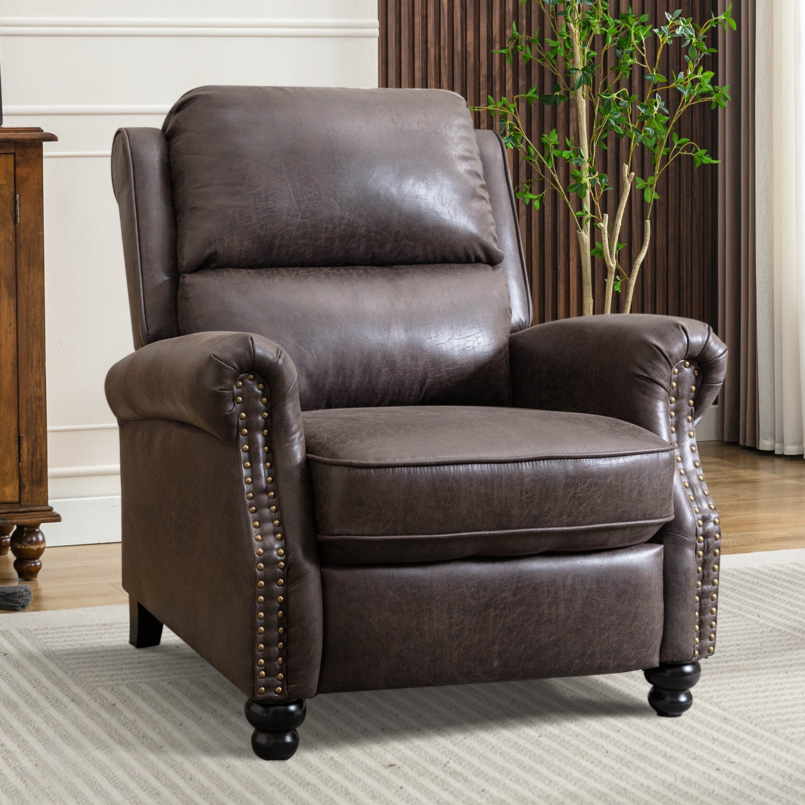 Ebello PU Leather Pushback Recliner Chair with Nailhead Trim - Vintage Style Push Back Lounge Chair for Bedroom & Living Room 350lbs Capacity, Dark Grey