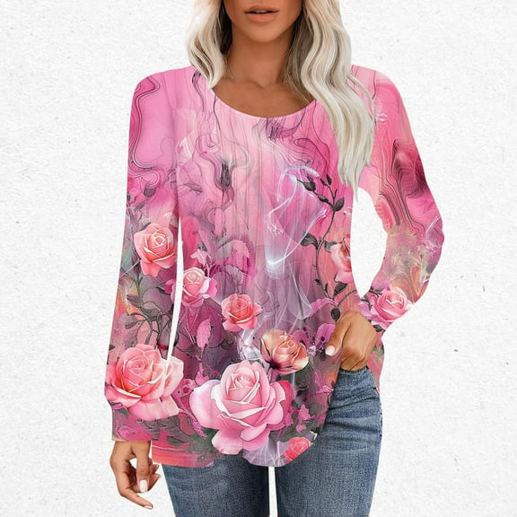 Leesechin Women Long Sleeve Shirts Spring Pleated Tunic Tops Crew Neck Dressy Casual Blouses