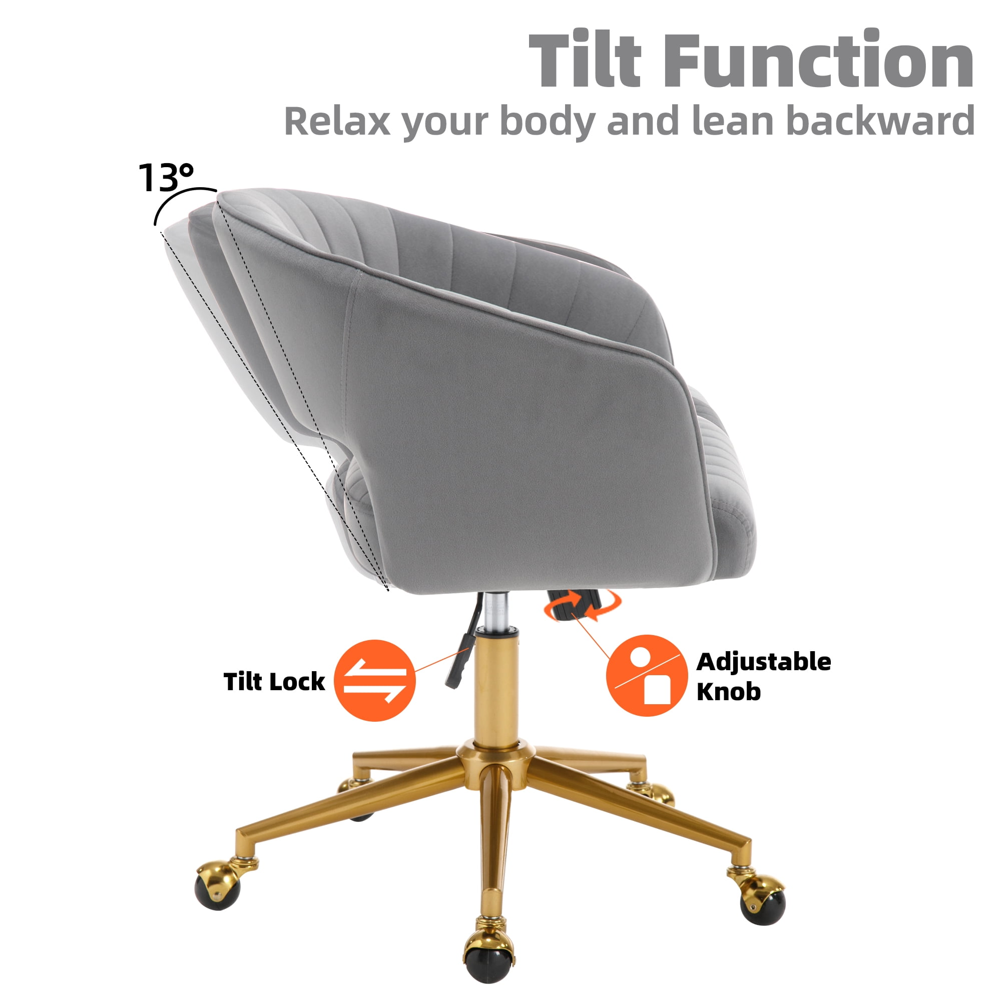 Westice Home Office Desk Chairs, Velvet Rolling Chair, Height Adjustable Swivel Vanity Chair, Ergonomic Chair for Study, Living Room Computer Room, Grey