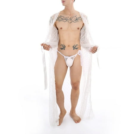 

Fiudx Men s Long Lace Bathrobe Transparent Kimono Slit T-pants Set Perspective Sexy Underwear New 1319