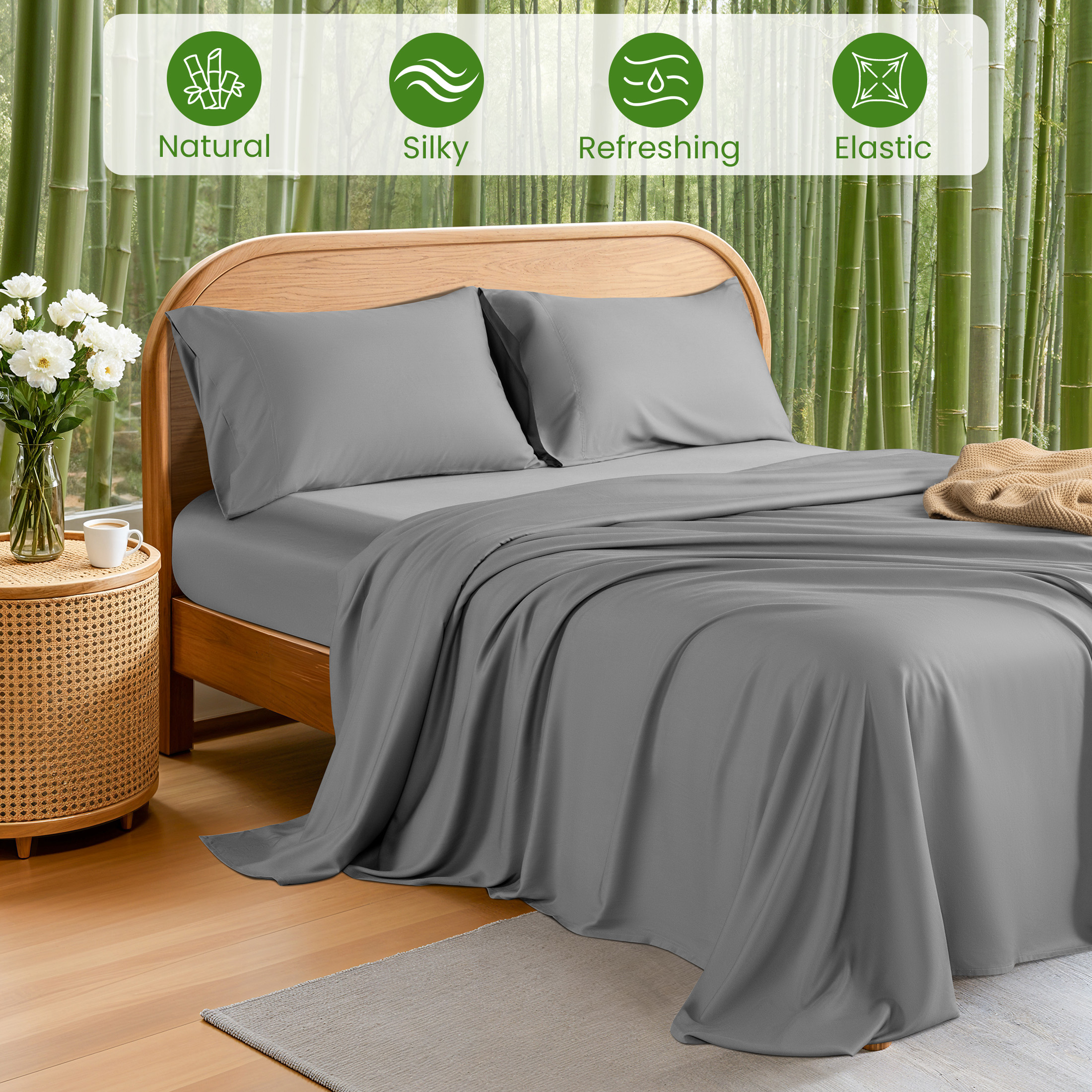 Sonoro Kate 100% Organic Luxurious Bamboo Sheets, Queen Sheet Set 4-Piece with 16" Deep Pocket, Silky Smooth Luxury Bed Sheets, Gray