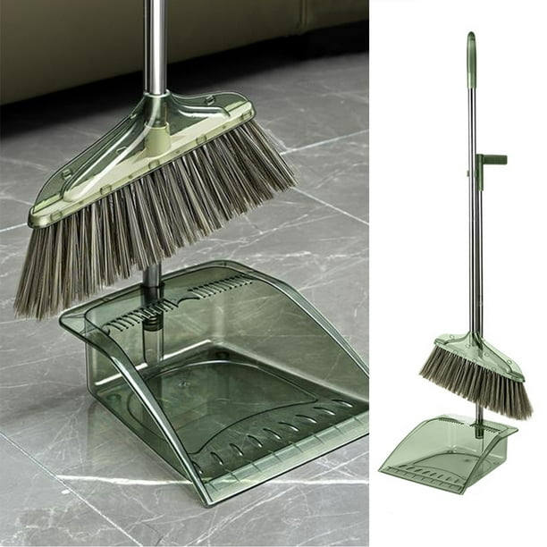 Juego de Recogedor y Escoba Wzw240805002 | Escoba Transparente de Cerdas Suaves con Mango Telescópico | Recogedor de Plástico Gris Verdoso para Limpieza Interior y Exterior | Herramientas de Limpieza