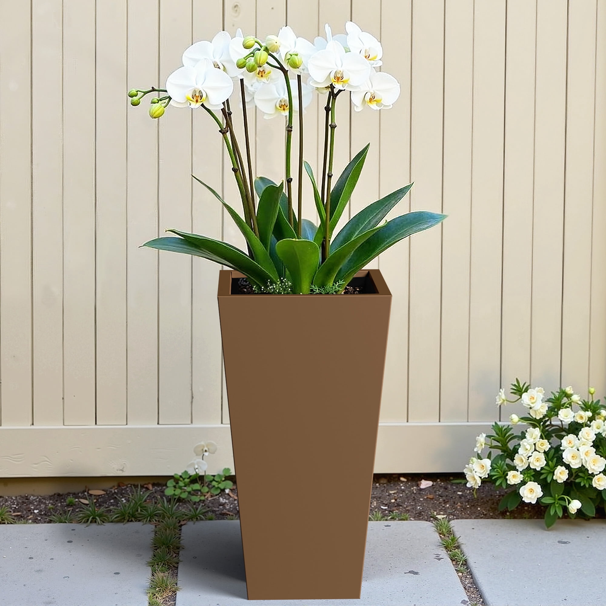 MAYEERTY 28*15*15" Brown Modern Metal Cone Planter with Inner Shelf for Outdoor Gardening, Patio & Balcony