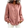 thumbnail image 2 of ClodeEU Women's Linen Blend Crewneck Long Sleeve Button Down Shirt with Cinched Cuffs ,Casual Loose Fit Blouse Pink,Women's Plus M, 2 of 6
