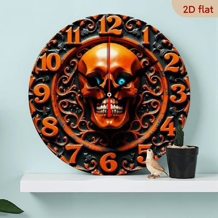 2D Flat 1pc 10Inch Gothic Halloween Wall Clock with Blue Eyes Jack Lantern Face Silent Quartz Movement, Black Orange Round Wooden Clock for Home Decor, Spooky Room Decorations