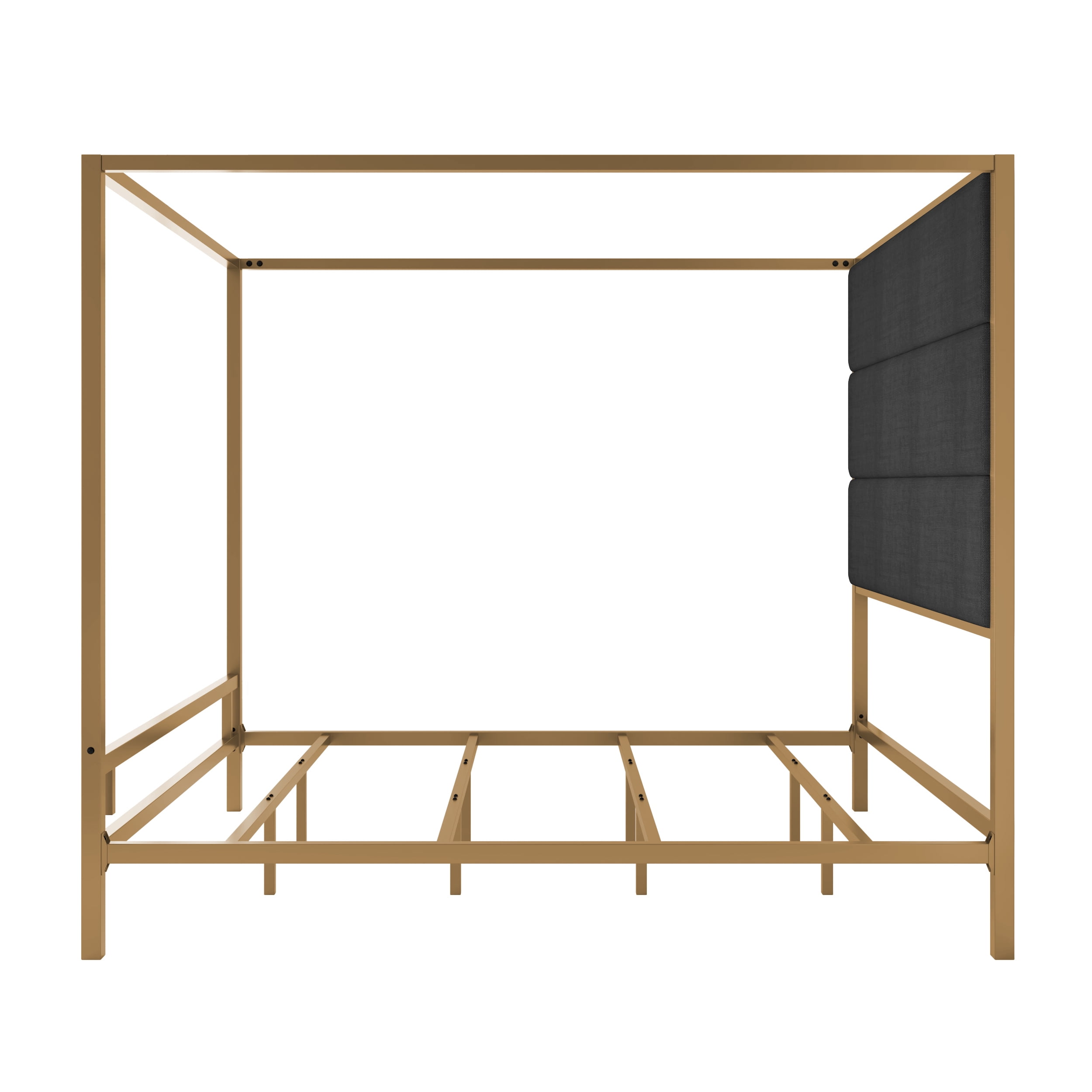 Euroco Metal King Size Canopy Bed with Linen Fabric Upholstered Headboard, 4-Poster Platform Bed, No Box Spring Needed, Gold