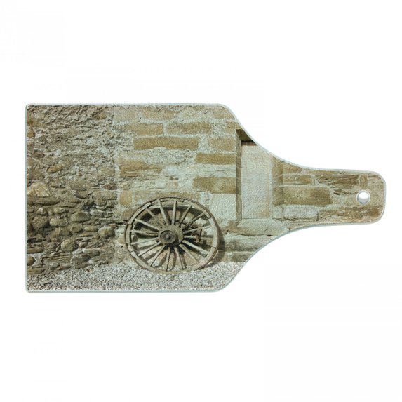 Barn Wood Wagon Wheel Cutting Board, Rural Facade with Old Wheel Traditional Country House, Decorative Tempered Glass Cutting and Serving Board, Wine Bottle Shape, Brown Pale Brown, by Ambesonne