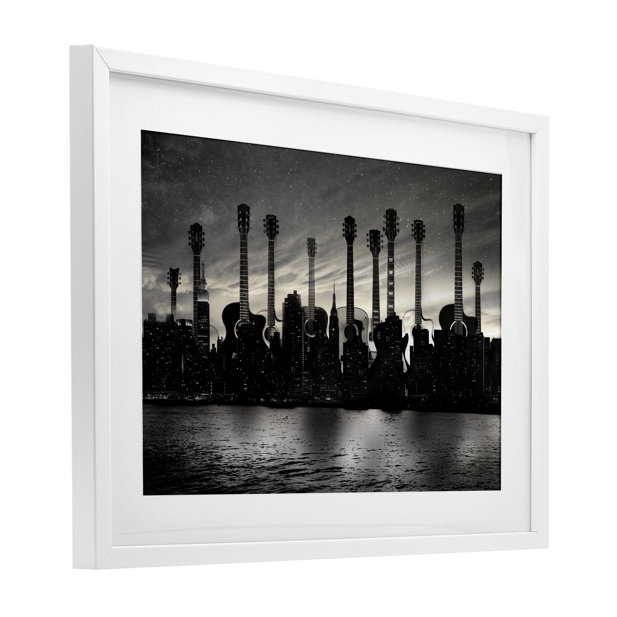 Stupell Industries Guitar Skyline Cityscape White Framed Print Under Glass, design by CAD Designs