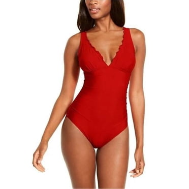 DKNY LYCHEE Merrow Ruffle Solid Shirred One-Piece Swimsuit, US 16