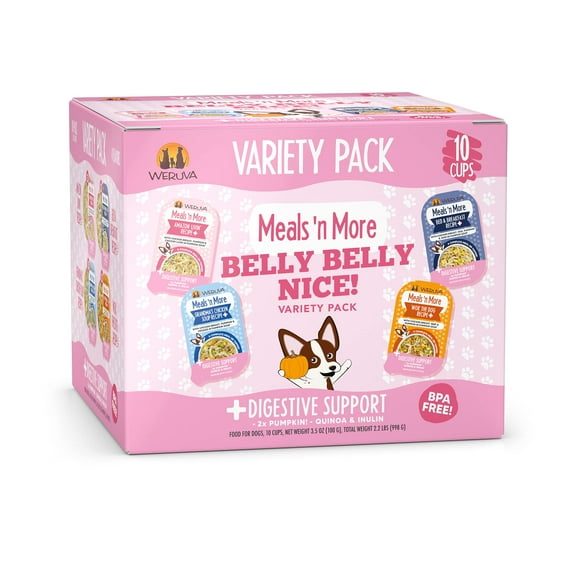 Weruva Meals 'n More Natural Wet Dog Food, Belly Belly Nice! Digestive Support Variety Pack, 3.5oz Cup (Pack of 10)