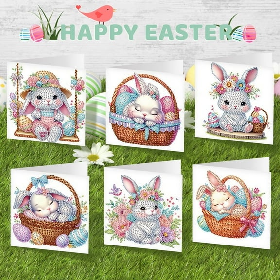 6pcs Diamond Art Painting Kit Greeting Card, Rabbit 5D DIY Diamond Handmade Holiday Greeting Card with Envelope, Christmas Gift Congratulations