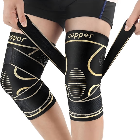 XIRQI Copper Knee Braces with Strap for Knee Pain Women and Men(2 Pack), Knee Compression Sleeve for Arthritis, ACL, Meniscus Tear, Joint Pain Relief, Knee Support for Working, Running, Weightlifting