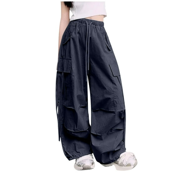 Odeerbi 5-16 Years Kids Boys Girls Cargo Pants Athletic Sports Wide Leg Pants Spring Solid Color Loose Work Pants with Multiple Pockets