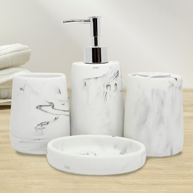 Set De 4pz Accesorios Para Baño De Cerámica Jabonera Dispensador Porta Cepillo Vaso