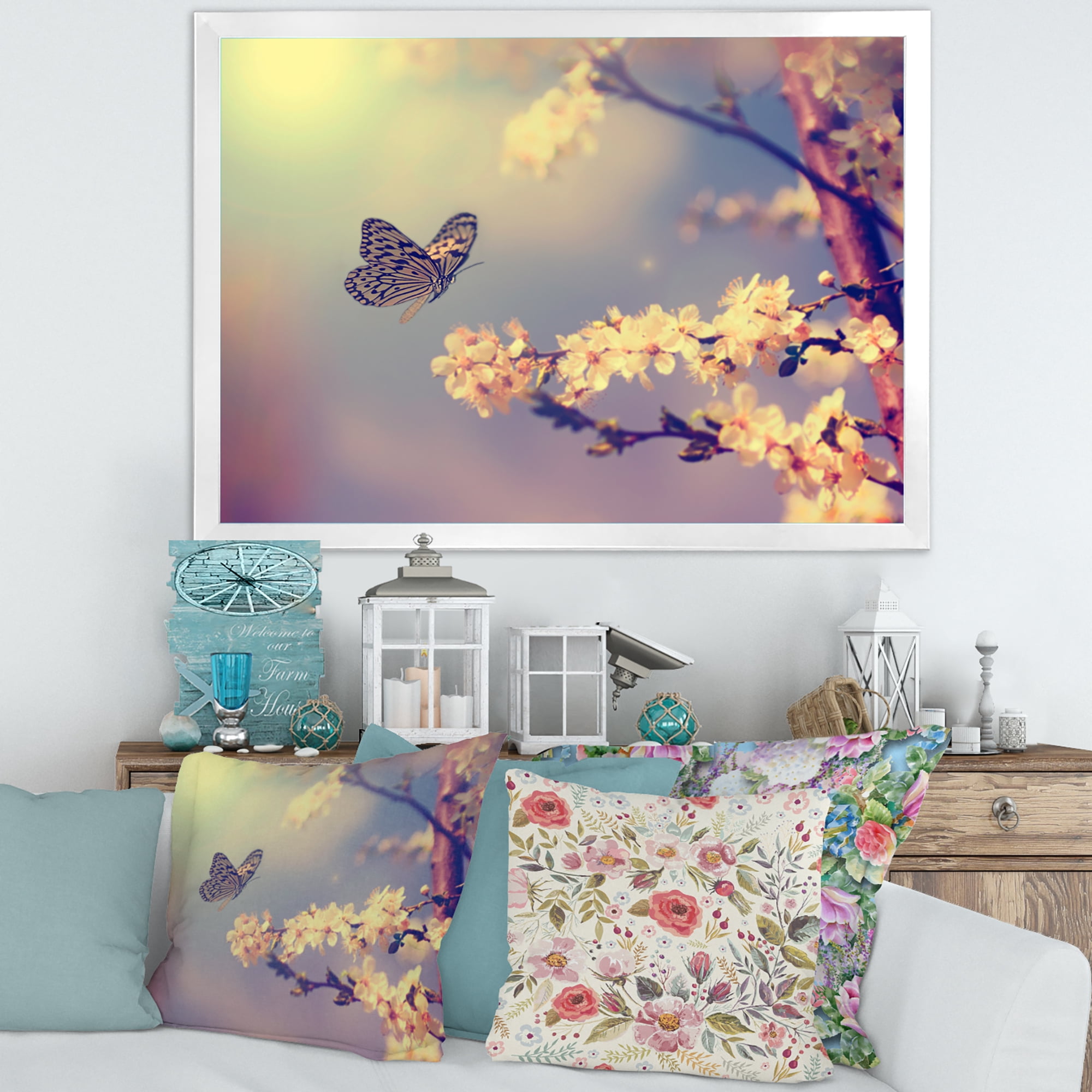 Designart 'Ancient Butterfly Flying To A White Flower' Traditional Framed Art Print