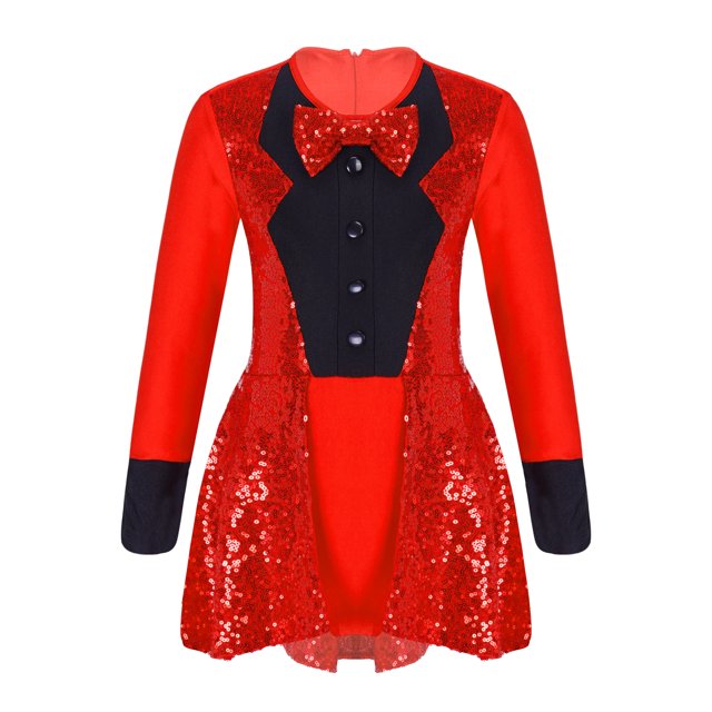 RUNQHUI Robe de Danse Ballet pour Filles Manches Longues Latin Samba Justaucorps Paillettes Patinage à Roulettes Rouge 6