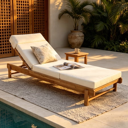 Christopher Knight Home Outdoor Chaise Lounge with 4-Fold Cushion, Adjustable Backrest, Light Teak + Beige