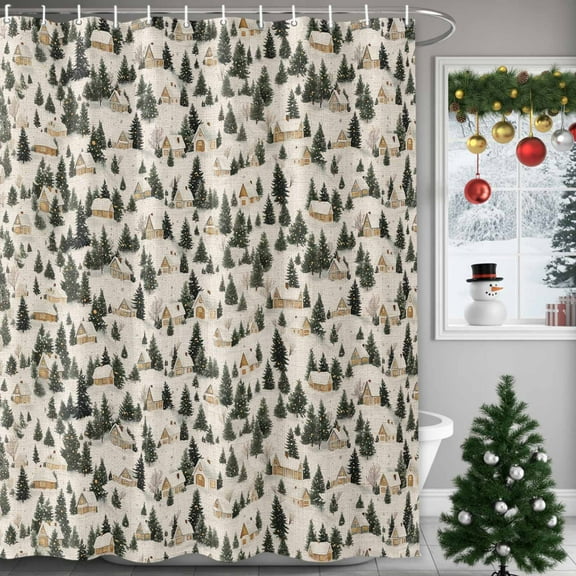 Winter Christmas Shower Curtains for Bathroom, Tree Farmhouse Beige Linen Texture Waterproof Fabric Shower Curtain for Bathroom Bathtub Decoration, Machine Washable, 54x"78"