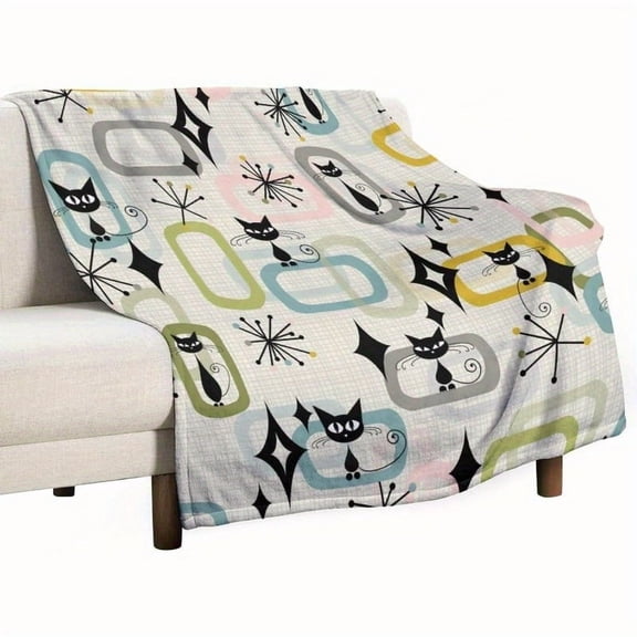 Mid Century Aesthetic Flannel Throw Blanket Retro 60s Geometric Black Cats Print Soft Blanket for Home Couch Bed Sofa Chair Travel Decor for All Seasons