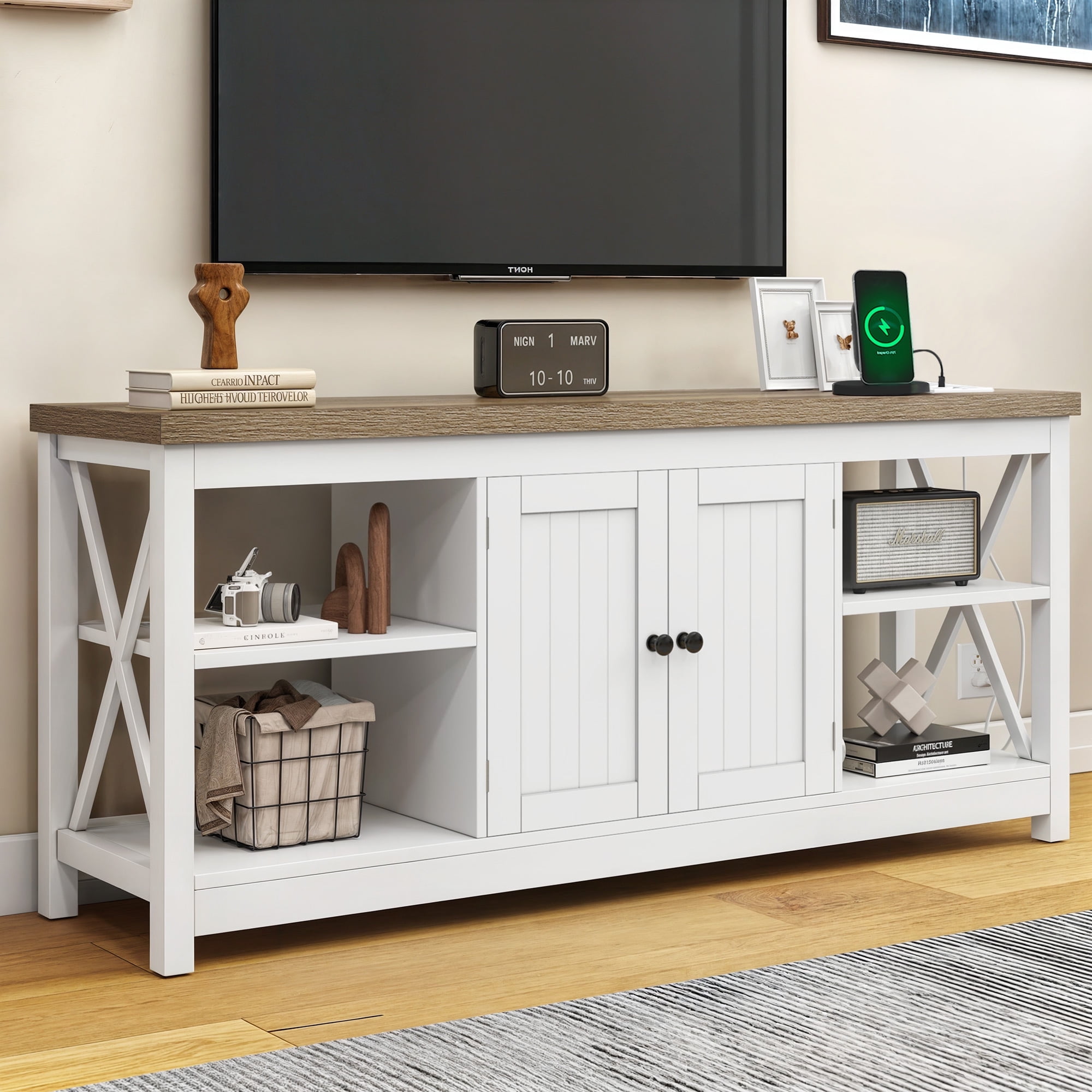 Dextrus White TV Stand up to 65 Inches w/Power Outlets, Farmhouse Entertainment Center Cabinet with Storage for Living Room