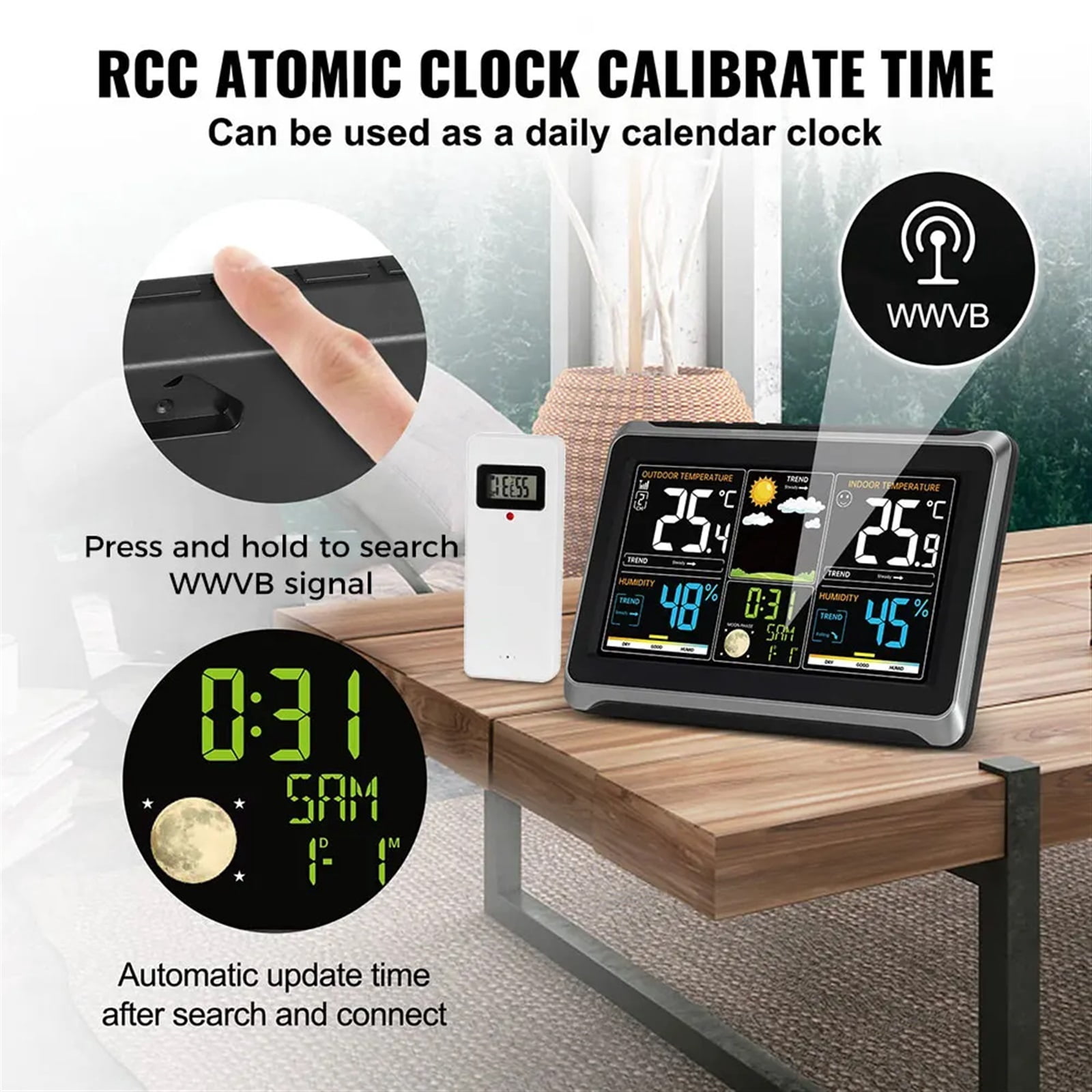 Weather Station Wireless Indoor Outdoor Thermometer, Color Display Weather With Barometer, Calendar, Adjustable Backlight ,High Precision