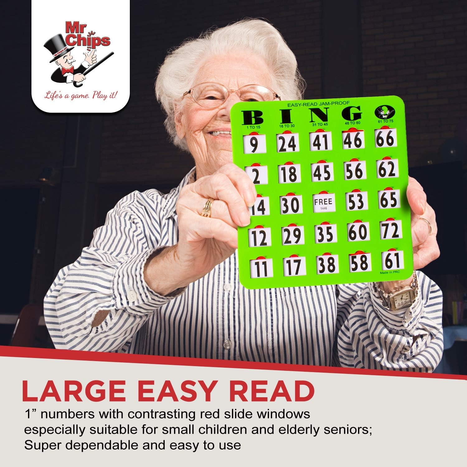 MR CHIPS Jam-Proof Easy-Read Large Print Fingertip Bingo Cards with Sliding Windows — Green, 10 Pack — for Seniors, Nursing Homes & Large Groups