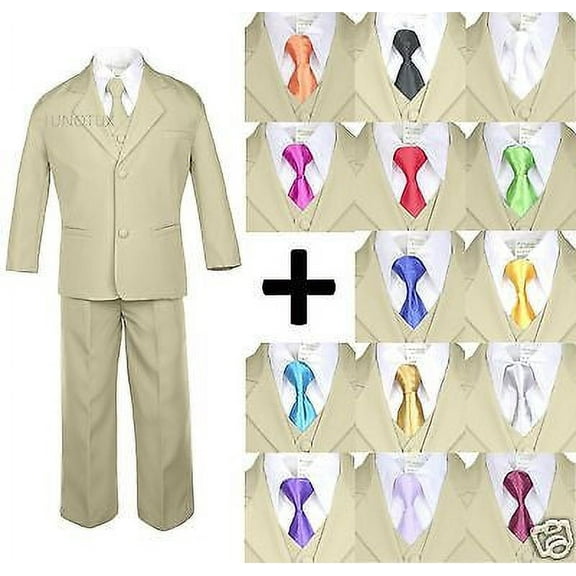 6pc Boy Kid Teen Formal Wedding Khaki Stone Suit Tuxedo Extra Satin Necktie S-4T