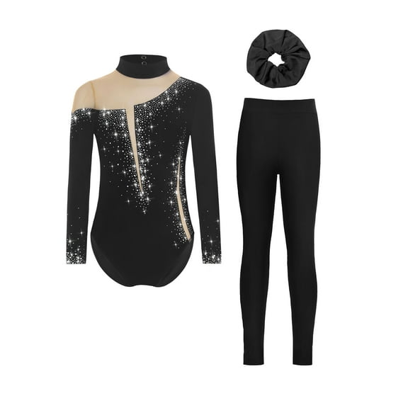 TTAO Kids Girls Sparkly Long Sleeve Gymnastics Leotard Ballet Dance Bodysuit and Athletic Leggings Hair Band Set Black 10