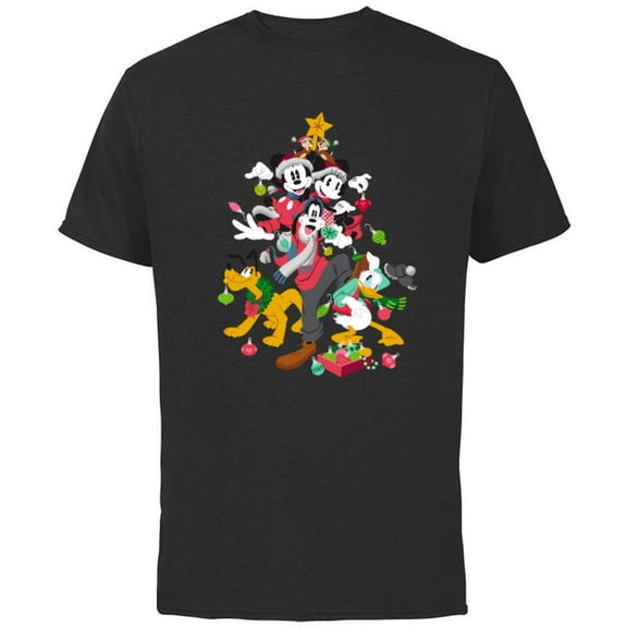 Disney Mickey Minnie Goofy Pluto Chip Dale Christmas Tree - Short Sleeve Cotton T-Shirt for Adults - Customized-Black