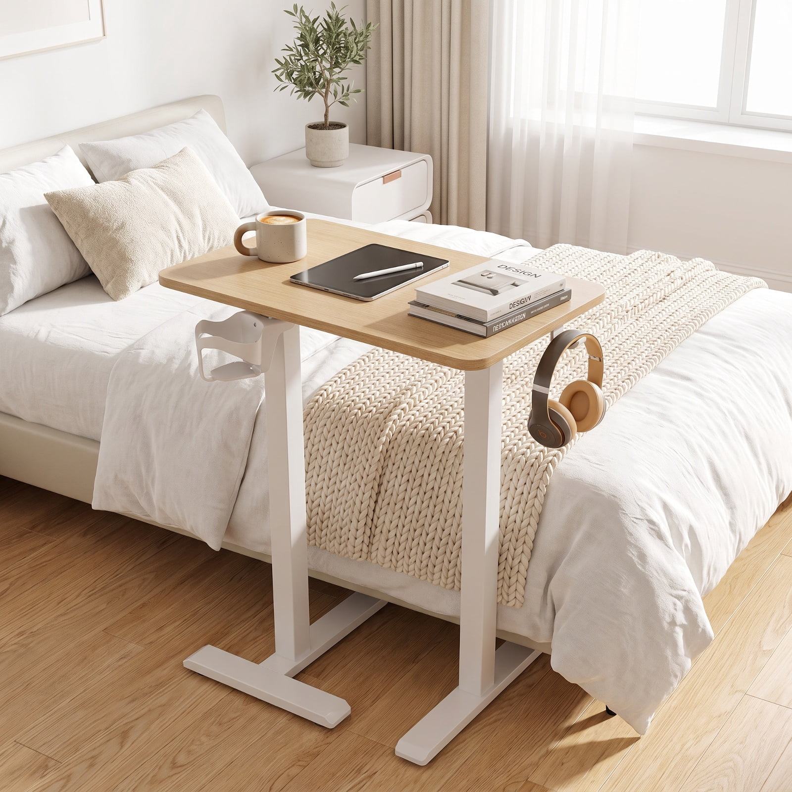Furnibear Mobile Height Adjustable Overbed Bedside Table with Cup Holder and Wheels C Shaped Side Table for Bedroom Sofa, Natural