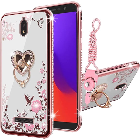 nancheng for BLU View 2 / B130DL Phone Case Girls Women Luxury Cute Glitter Soft TPU Cover with Kickstand Lanyard Shockproof Protective Case - Rose Butterfly