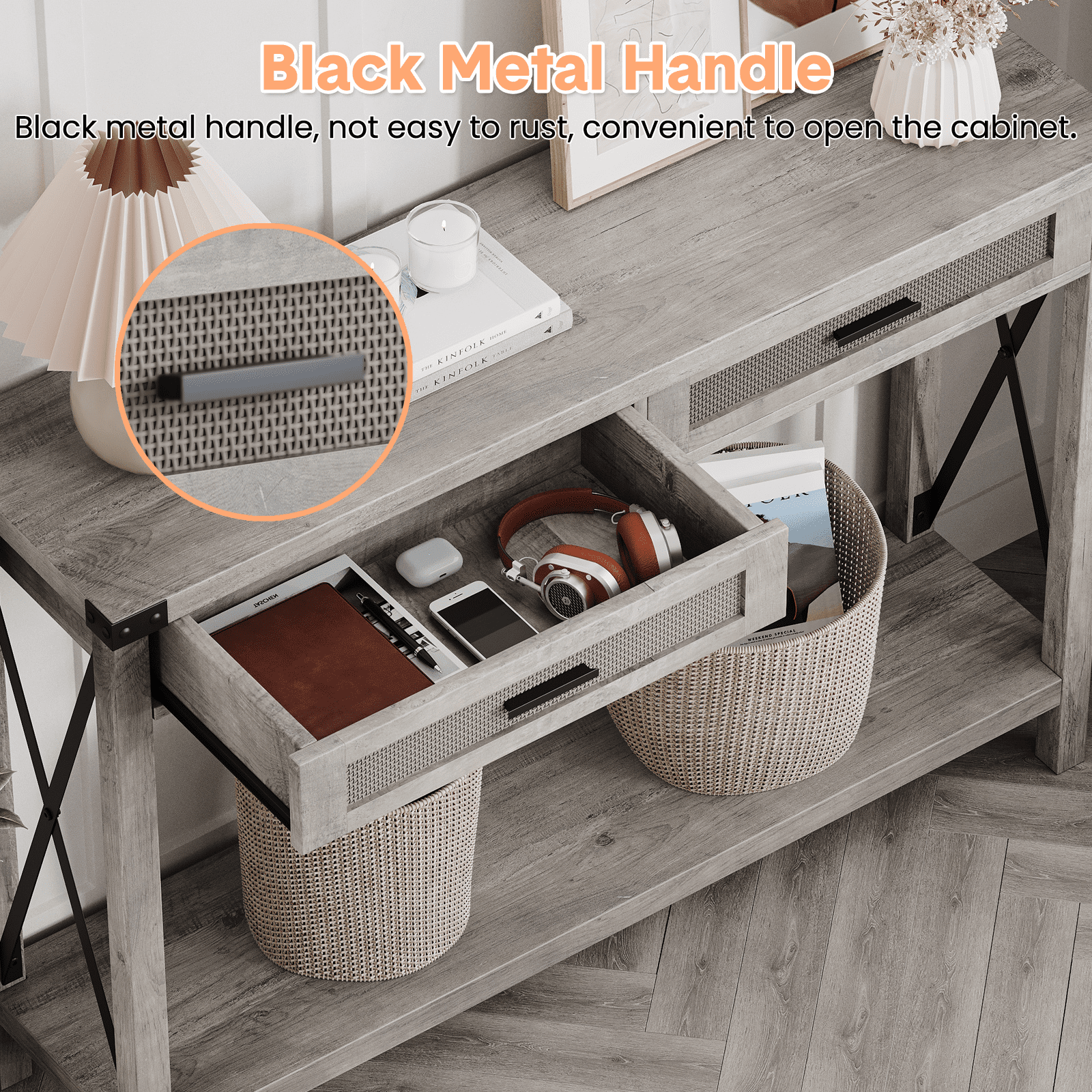 End Table, Console Table Featuring Rattan Drawers, 43 in Sofa Table with Storage, Ideal Console Tables for Entryway, Living Room, Hallway, and Foyer