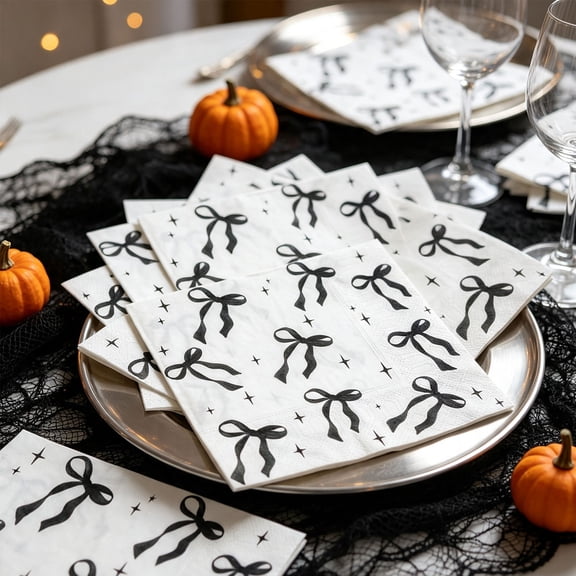 20pcs Halloween Black Bow Napkins, Disposable Paper Napkins for Party Tables Dessert Stations and Holiday Dinners, Elegant Spooky Tableware Supplies for Seasonal Celebrations, Black