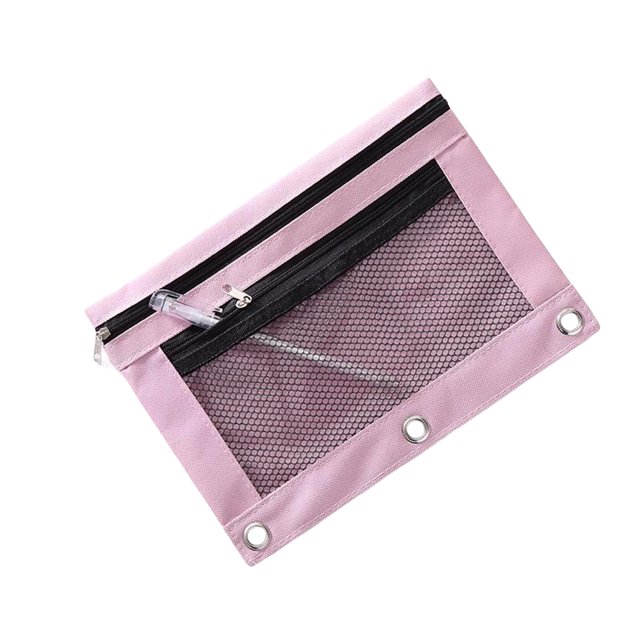 Biplut 3 Rings Two Pockets Large Capacity Zipper Closure Pencil Case Portable Binder Design Visible Mesh Stationery Holder School Supplies (Pink)
