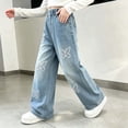 thumbnail image 5 of Twczz Girls Wide Leg Jeans Elastic Waist Butterfly Embroidered Loose Cute Denim Pants with Pockets Blue 12, 5 of 7