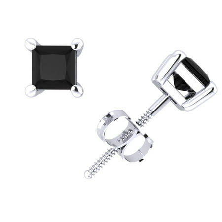 0.50CT Princess Cut Black Diamond Basket Stud Earrings 14Karat White Gold Prong I1