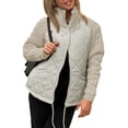 thumbnail image 2 of Winter Women Warm Knit Patchwork Puffy Jacket Casual Stand Neck Long Sleeve Jackets with Zipper Khaki M, 2 of 7
