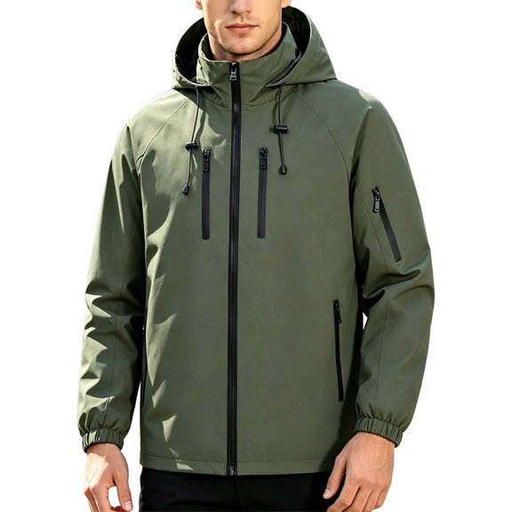 TKKCS Mens Hooded Windbreaker Jacket- Long Sleeve Full Zip Drawstring Waterproof Outdoor Shell Jacket with Zipper Pockets Army Green Size XL