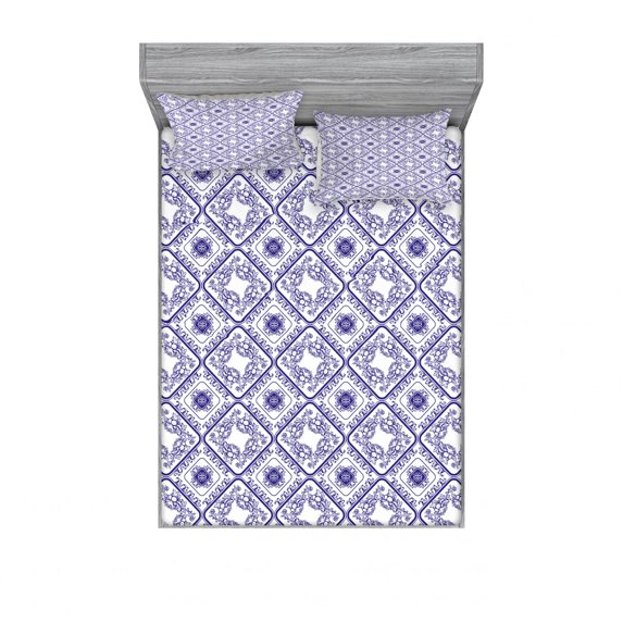 Floral Bedding Set with Sheet & Covers, Arts and Craft Theme Flower Pattern on Porcelain Inspired Texture Graphic Print, Printed Bedroom Decor 2 Shams, 4 Sizes, White and Blue, by Ambesonne