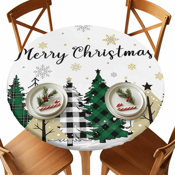 Round Tablecloth Merry Christmas Elastic Edge Fitted Xmas Green Black Buffalo Tree Plastic Table Cover,Waterproof Oil Proof for Dinner,Outdoor, Picnic, 45"- 54" DIA Tables Snowflakes