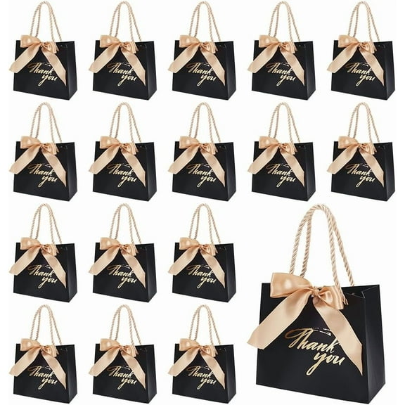 24 Pcs Thank You Gift Bags Black Paper Gift Bags Hot Stamping Party Favor Bags with Ribbon for Business Shopping Wedding Birthday Party Supplies 5.5x4.7x2.4 InchBlack